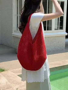 Chic red cotton woven tote bag for women, large capacity shoulder bag for summer vacation.