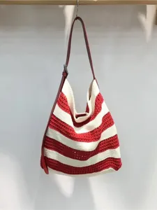 Red and white striped crochet hobo shoulder bag for women summer beach casual daily wear