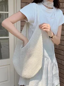 Casual cotton knit mesh tote bag for women, large capacity shoulder handbag for summer.