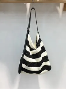 Black and white striped knit shoulder bag casual underarm handbag for women summer beach vacation