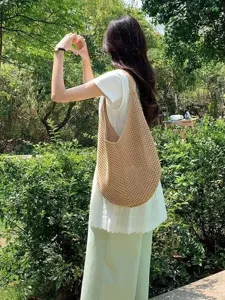 Summer straw woven tote bag, casual large capacity crochet shoulder handbag for women vacation.