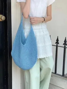 Blue cotton crochet hobo bag, large capacity woven shoulder tote for women summer vacation.