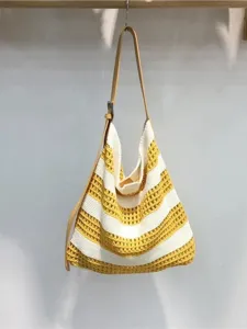 Women Knit Shoulder Bag Yellow White Striped Casual Summer Beach Hobo Bag Daily