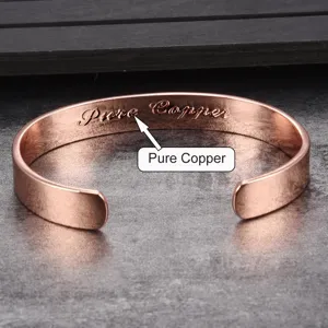 Pure copper open cuff bracelet with engraved details, smooth surface minimalist design for daily wear.