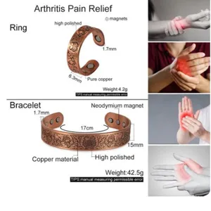 Men copper magnetic ring and bracelet set with floral engraving for arthritis relief
