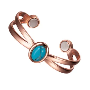 Pure Copper Magnetic Bracelet with Artificial Turquoise Adjustable Cuff Bangle