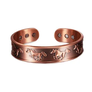 Men Retro Copper Magnetic Bracelet Ring Set Vintage Zodiac Horse Relief Copper Hand Jewelry Adjustable Open Bangle