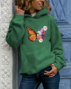 Lässiger grüner Damen Hoodie mit wunderschöner Schmetterling Blumen Grafik, langen Ärmeln.
