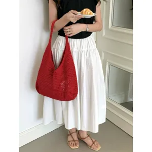 Borsa a tracolla in crochet rosso, borsa shopper in maglia traforata, grande borsa estiva casual donna.