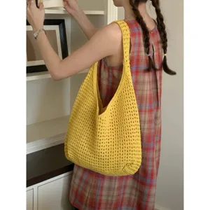 Borsa a tracolla in crochet giallo, borsa tote in maglia traforata, borsa mare casual in rete.