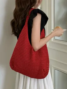 Rote gehäkelte Schultertasche lässige Stricktasche große Kapazität Freizeittasche