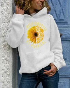 Women long sleeve hooded sweatshirt casual white pullover with graphic print detail view.