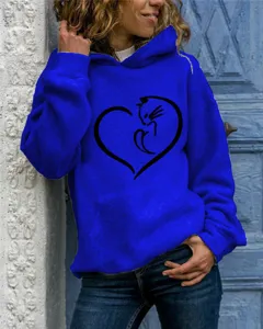 Casual royal blue cat heart print long sleeve hooded sweatshirt for women daily wear