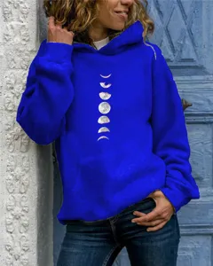 Detail view of a royal blue women's hooded sweatshirt featuring a moon phases front graphic.