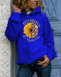 Women casual royal blue long sleeve hooded sweatshirt featuring graphic print top