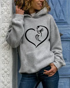 Women Casual Long Sleeve Hooded Sweatshirt Cute Cat Heart Graphic Gray Pullover Top