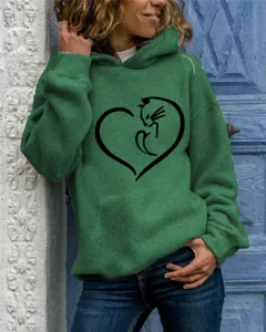 Green hoodie featuring a cute cat heart graphic print, long sleeves with a cozy hood.