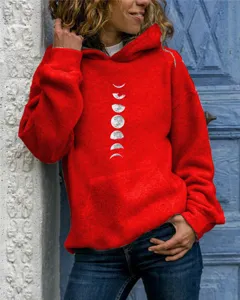 red long sleeve hooded sweatshirt featuring moon phases graphic print casual daily top