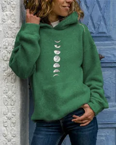 Women's green long sleeve hooded sweatshirt featuring moon phase graphic casual top.
