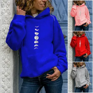 Women Moon Phase Printed Hoodie Long Sleeve Polyester Pullover Top With Pocket For Casual Daily Wear Urban Fashion