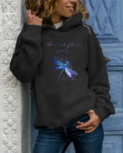 Casual black hooded sweatshirt featuring a blue watercolor dragonfly print and text.