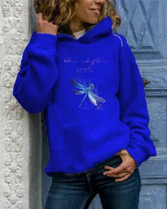 Women long sleeve hooded sweatshirt casual royal blue pullover with dragonfly graphic print.