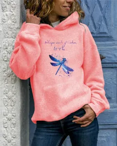 Casual long sleeve hooded sweatshirt featuring blue dragonfly graphic and inspiring text.