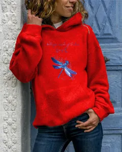 Close-up detail of red hooded sweatshirt featuring blue dragonfly print and text graphic.