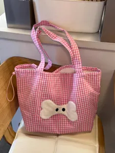 Korean style pink gingham canvas tote bag, cute bone patch shoulder handbag for women commute.
