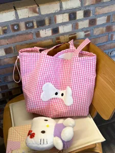 Korean Style Pink Plaid Canvas Tote Bag Large Capacity Casual Cute Bone Applique Shoulder Handbag Commuter Shopping Bag