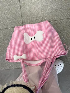 Korean style pink plaid canvas tote bag for women, cute puppy bone patch casual handbag.