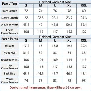 Detailed size chart for men casual shirt and shorts set with comprehensive measurements.