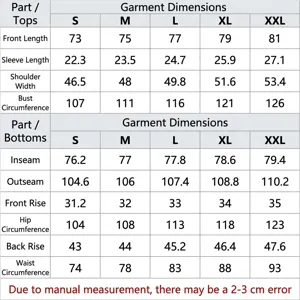 Detailed size chart for men's casual short sleeve shirt and trousers set from S to XXL.