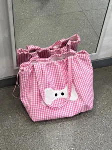 Pink gingham canvas tote bag for women, cute bone patch large capacity shoulder handbag.