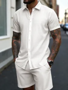 Detailed view of the casual short sleeve shirt and shorts set showcasing fine texture.