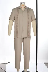 Men's casual short sleeve shirt and trousers set beige linen texture summer daily outfit