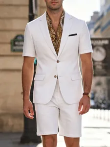 Detailed view of men's casual short sleeve suit jacket and shorts set, summer fashion apparel.