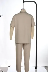 Men casual solid color short sleeve shirt and long pants set, comfortable breathable outfit.