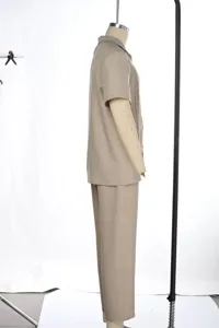 Men casual short sleeve shirt and long pants set breathable fashion two piece outfit beige