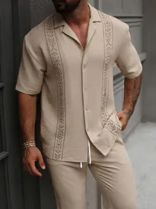 Men's casual breathable short sleeve shirt and trousers set with vintage embroidery details.