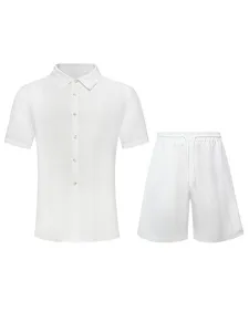 Men's casual linen short sleeve button-up shirt and shorts two-piece set for summer.