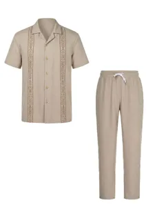 Detailed view of the casual men's linen shirt and pants set with embroidered front stripes.