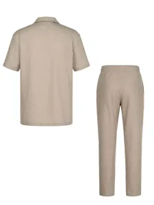 Men's casual breathable linen-look short sleeve shirt and trousers two-piece set for stylish daily wear.