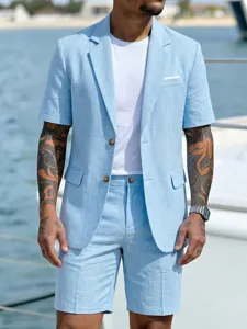 Close-up detail of light blue short-sleeve suit jacket and matching casual shorts set.