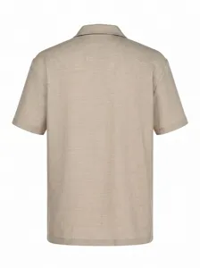 Back detail view of casual men's short sleeve linen shirt in versatile beige solid color design.