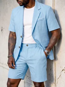 Men light blue short sleeve suit set casual gentleman summer two piece outfit detail view