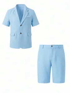 Men's casual short sleeve suit set detail, light blue summer gentleman two piece outfit.