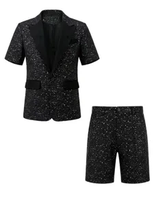 Ensemble de Costume Blazer Manches Courtes Homme Été Imprimé Étoilé Noir Tenue Party