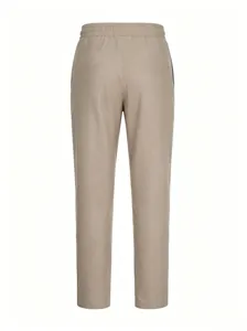 Back detail view of men's casual trousers in beige with elastic waistband design.