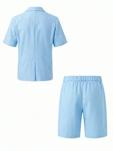 Men's light blue short sleeve blazer and shorts two-piece suit set casual summer outfit.